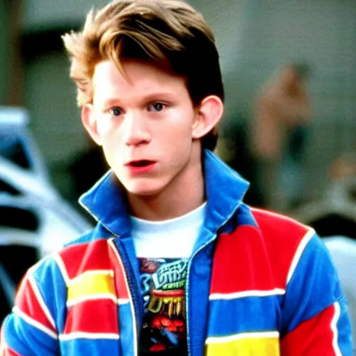 Image similar to Still of Tom Holland as Marty mcfly in back to The Future 1985 movie