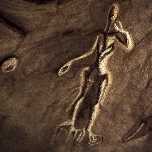 Prompt: an alien, cave paintings, pre - historic, lascaux, primitive, cave art style