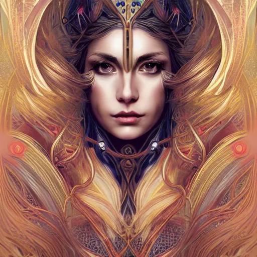 Prompt: head-on symmetrical centered painted portrait, warrior princess, voluminous blonde hair, art nouveau, fractal tarot card style, masterpiece, fantasy, intricate, elegant, highly detailed, smooth, sharp focus, illustration, artstation, in the style of Artgerm and Anna Podedworna and Alex Ross and Mucha