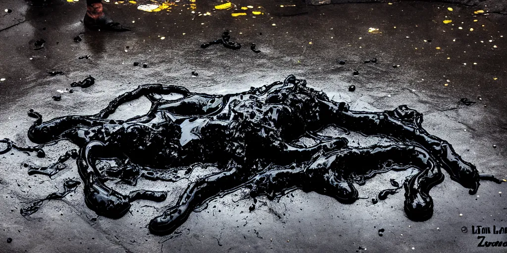 Prompt: the lioness made of tar, reforming from a puddle of tar, viscous, sticky, full of black goo, covered with black goo, splattered black goo, dripping black goo, dripping goo, splattered goo, sticky black goo. photography, dslr, reflections, black goo, zoo, exhibit