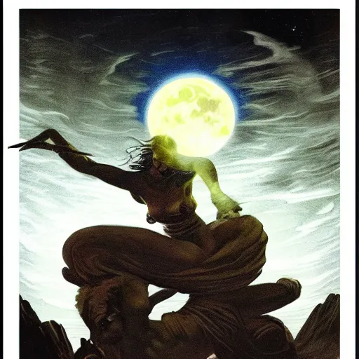 Prompt: sleep of wise old beautiful woman Desert Deity under unresolved evil moon illusion, in the style of Frank Frazetta, Jeff Easley, Caravaggio, extremely clear and coherent, clear lines, 8K revolution