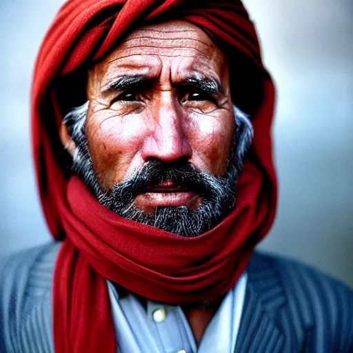 Image similar to portrait of president martin ban biden as afghan man, green eyes and red scarf looking intently, photograph by steve mccurry