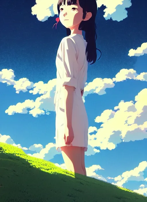 Image similar to portrait of a smiling girl by ilya kuvshinov, cloudy sky background lush landscape ln illustration concept art anime key visual trending pixiv by victo ngai fanbox by greg rutkowski makoto shinkai takashi takeuchi studio ghibli