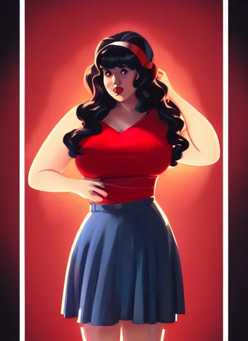 Image similar to full body portrait of teenage veronica lodge, obese, bangs, sultry, realistic, sultry smirk, wavy hair, red skirt, fat, belly, intricate, elegant, glowing lights, highly detailed, digital painting, artstation, concept art, smooth, sharp focus, illustration, art by wlop, mars ravelo and greg rutkowski