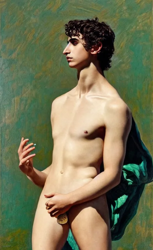 Image similar to Timothee Chalamet as Antinous in ancient Greece, intense painting, sunny, tropical, +++ super supper supper dynamic pose,  digital art, +++ SFW(SAFE FOR WORK) +++ quality j.c. leyendecker, limited edition, shiny, ++++, thick eyebrows, masculine appeal high fashion, GREEN EYES, GREEK CLOTHES, closeup, important, smirking, palm trees, tropical flowers, colorful, surrealism art, modern