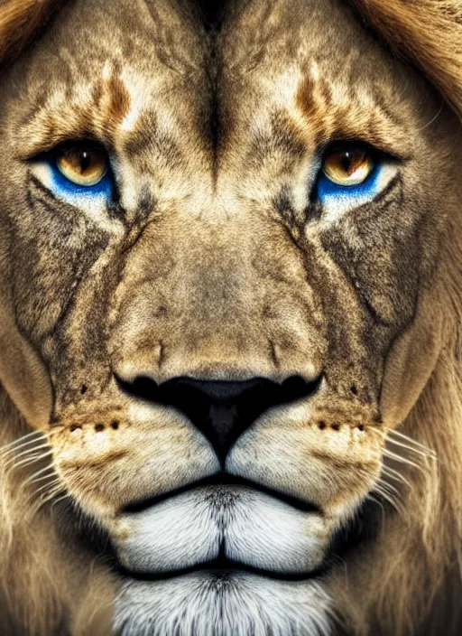 Image similar to a close up of a lion's face with blue eyes, an album cover by jacob toorenvliet, featured on behance, cubo - futurism, rendered in cinema 4 d, sketchfab, rendered in maya