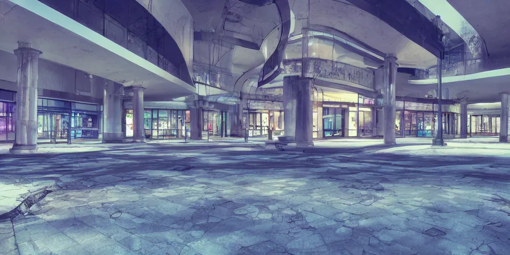 Prompt: abandoned mall at night, a fountain with benches in the middle, subtle wear - and - tear, anime!, award - winning digital art