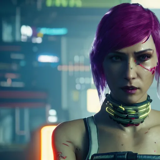 Image similar to female V from Cyberpunk 2077 wearing spiked choker, 4K