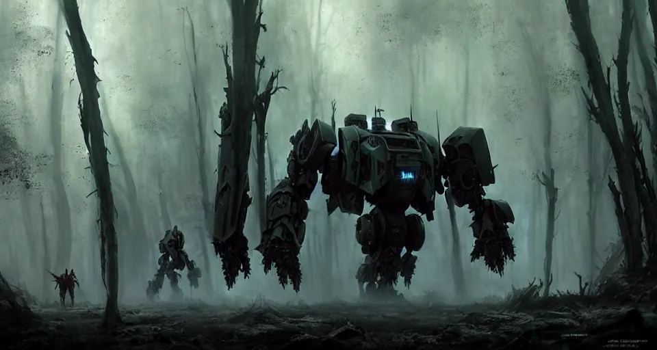 Image similar to giant darkgothic battlemech walking through a grimdark forest, the feeling of dark fantasy magic, hyper realistic sci - fi matte concept art painting, beautiful details, strong composition painted by kim jung guweta studio rutkowski, james gurney and greg rutkowski, and lucasfilm, smooth, intricate, detailed, sharp focus, cinematic