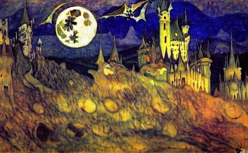 Prompt: oil painting by mikhail vrubel, full moon, french gothic burning! castle, bats flying away from castle, blur, bokeh,