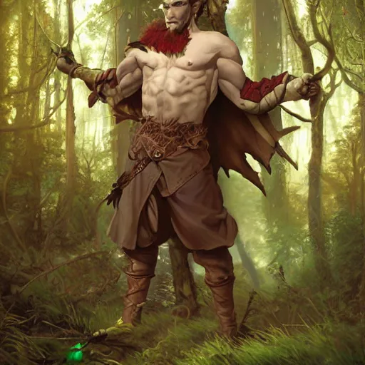 Image similar to dnd character concept portrait, angry male elf druid in forest, detailed, high quality, dynamic lighting, fantasy, artwork by artgerm, wlop, alex ross, greg rutknowski, alphonse mucha