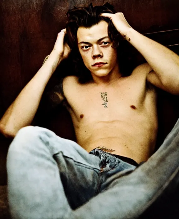 Image similar to portrait of harry styles photographed by nan goldin