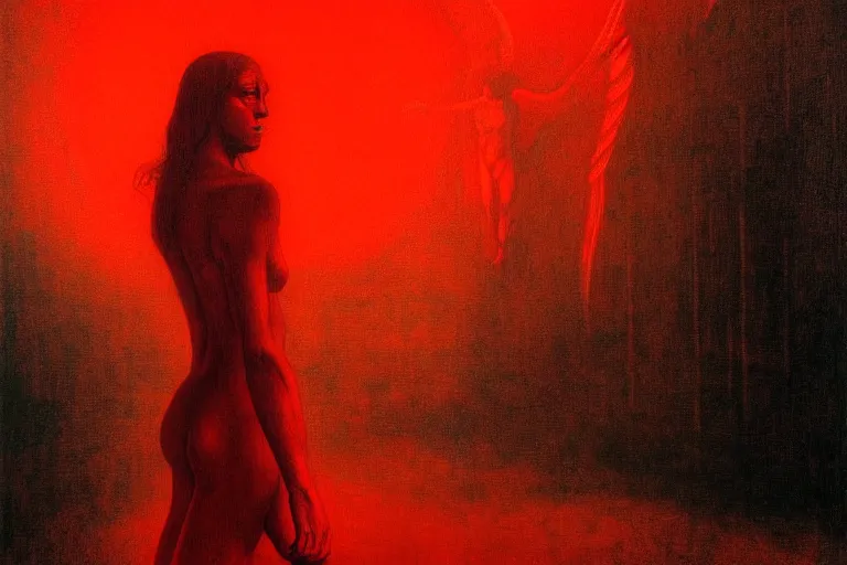 Image similar to only with red, a red angel announce the win, at the gates of a rich renaissance city. inthe background, pathos, in the style of beksinski, part by hopper, part by rodcenko, part by hofbauer, intricate composition, red by caravaggio, insanely quality, highly detailed, masterpiece, red light, artstation