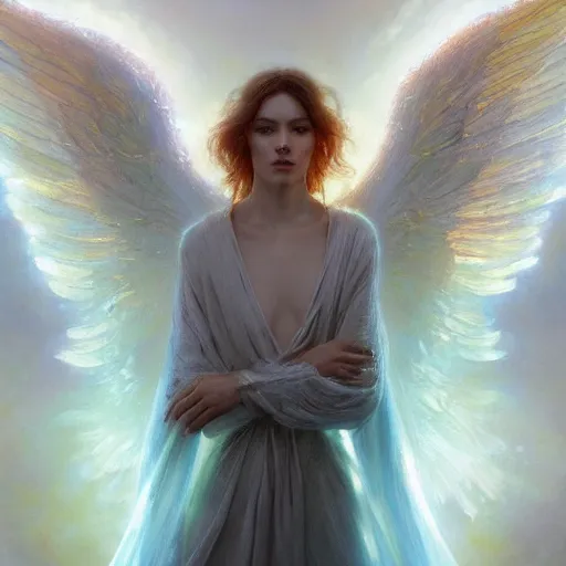 Prompt: high quality painting of beautiful radiant angel, glorious supernatural power, mystical purity, bright halo, symmetrical full body, holographic translucent wings. glowing turbulent mist, smooth white and soft by ruan jia, tom bagshaw, alphonse mucha, vray render, artstation, deviantart, pinterest
