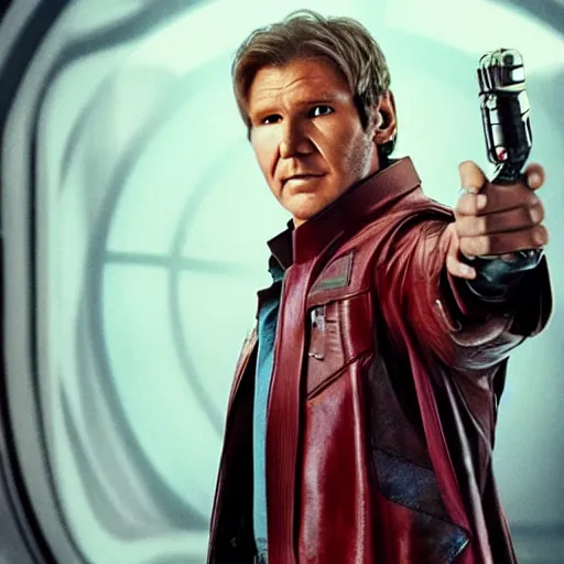 Image similar to film still of 1980s Harrison Ford as Star Lord in Guardians of the Galaxy