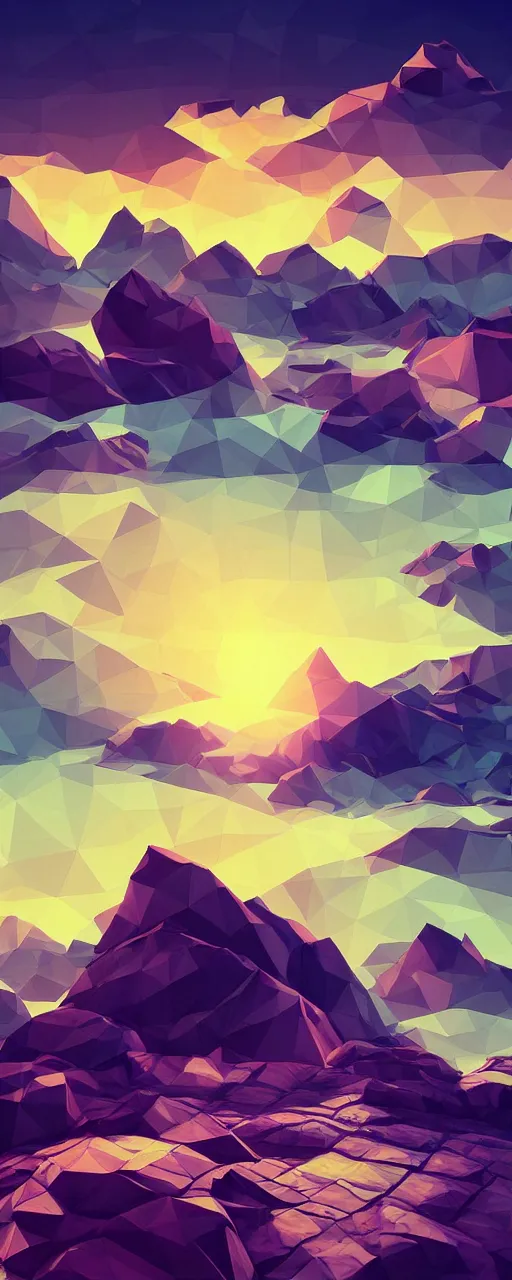 Image similar to super detailed color lowpoly art, northern sunset with rocks on front, monochrome photorealistic bay in the middle of perspective and mountains at background, big graphic vessel in random point of bay, unreal engine, retrowave color palette, 3 d render, lowpoly, colorful, digital art, perspective