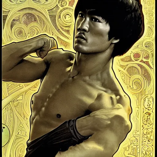 Prompt: a Bruce Lee art by alphonse mucha and Monia Merlo and Raymond Swanland