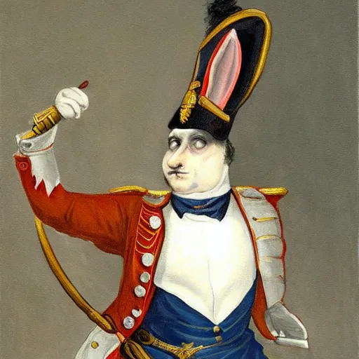 Image similar to A painting of a rabbit wearing a napoleon-era officer's uniform