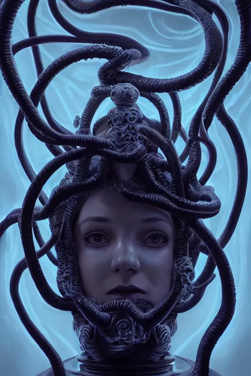 Image similar to creppy medusa wearing white silk fused with lovecraft, retro-futuristic, photo, portrait, intricate details, by vincent di fate, artgerm, julie bell, beeple and Greg Rutkowski, 80s, concept, Smooth gradients, octane render, 8k, High contrast, duo tone, depth of field, very coherent symmetrical artwork