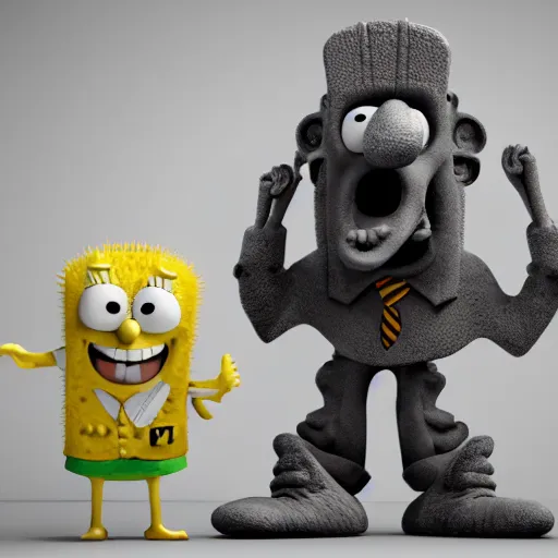 Prompt: sponch bob and harry potter soon business handshake, they're all statues, octane render, 8 k, highly detailed, hyper - realistic.