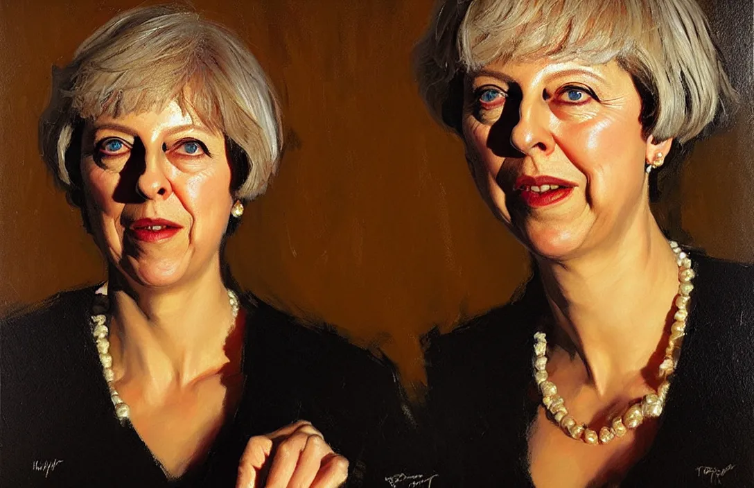 Prompt: portrait of theresa may!!!!!!!!!!!!!!!!!!!!!!!!!!!, detailed face, detailed painting, epic lighting, by ilya repin, phil hale and kent williams