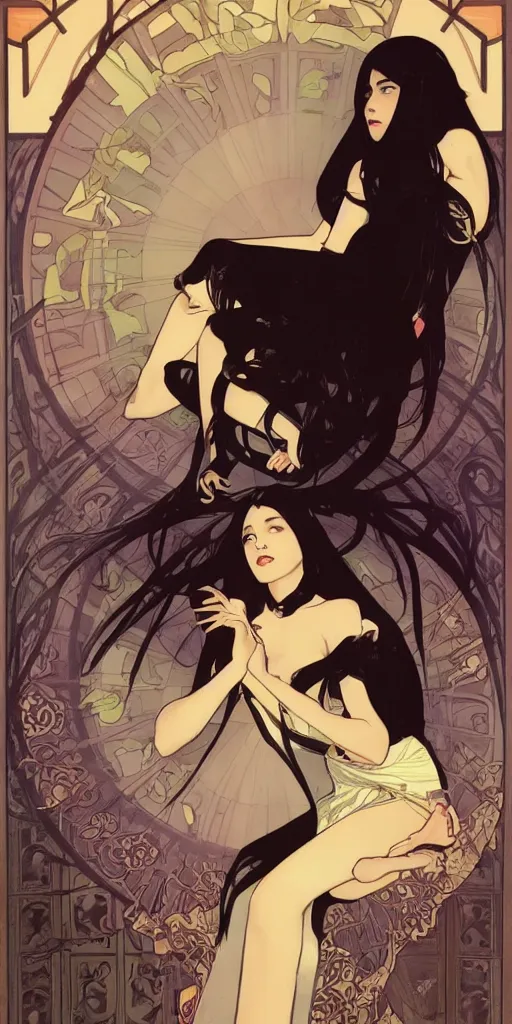 Image similar to character poster of young girl with straight long black hair wearing black dress sitting in bath, poster by capcom art team collaborating with artgem, greg rutkowski and alphonse mucha