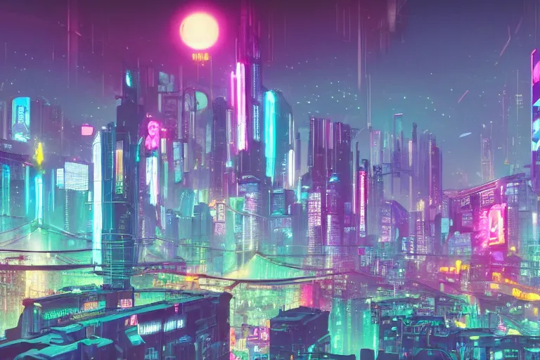 Image similar to optimistic bright utopian cyberpunk city