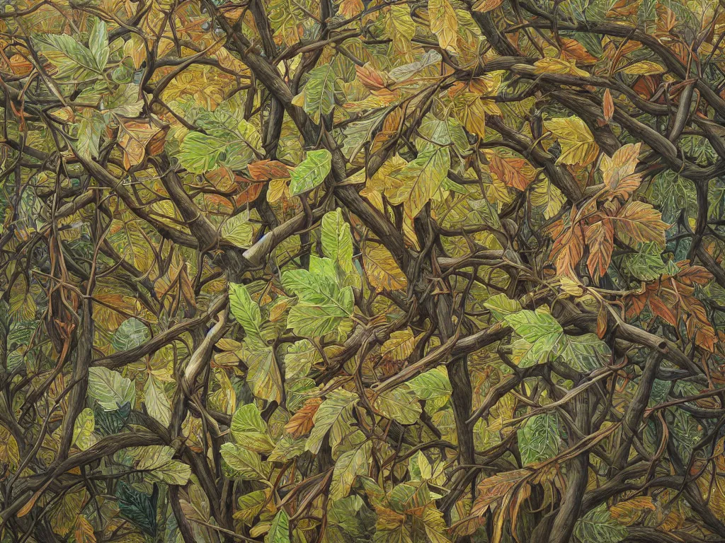 Image similar to a chaotic windy tornado of leaves, intricate details, aesthetically pleasing and harmonious natural colors, art by tiffany bozic, impressionism, detailed, dark, windy