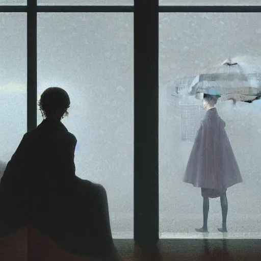 Image similar to on a rainy day, the girl sits in a clean high - end coffee shop and looks out the window, illustration, concept art, elegant, smooth, serene landscape, lonely, sad, caspar david friedrich, beeple