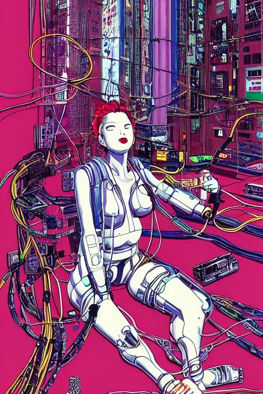 Image similar to a crazy cyberpunk illustration of a female android seated on the floor in a tech labor, seen from the side with her body open showing cables and wires coming out, by masamune shirow and katsuhiro otomo, japan, 1980s, dark, colorful