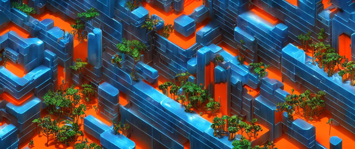 Prompt: hyperrealistic hyper detailed wide shot of low brow futuristic bio colony with brutalist architecture and carnivorous plants matte painting concept art key sage jeff koons very dramatic orange and blue lighting high angle hd 8k sharp shallow depth of field