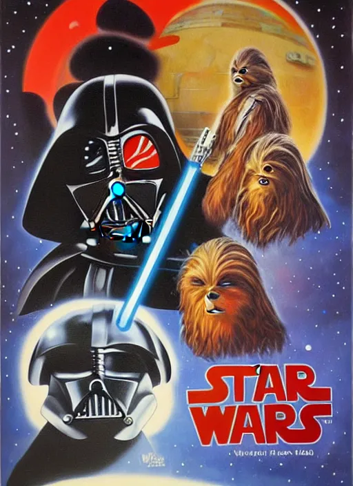 Image similar to 1 9 8 6 poster for star wars. oil on canvas. print.