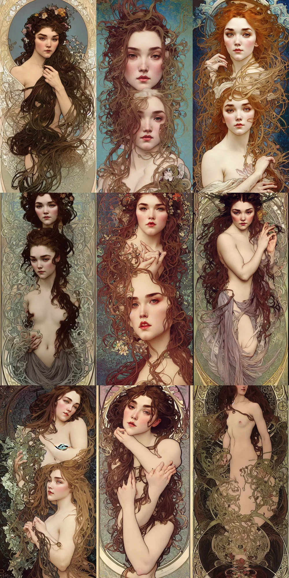 Prompt: sensual woman, realistic detailed face portrait of florence pugh by Alphonse Mucha, Ayami Kojima, Amano, Charlie Bowater, Karol Bak, Greg Hildebrandt, Jean Delville, and Mark Brooks, Art Nouveau, Neo-Gothic, gothic, rich deep moody colors, full body picture.