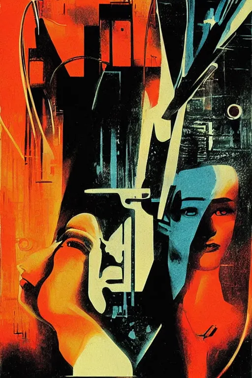 Prompt: poster art, movie poster, retrofuturism, pulp science fiction, blade runner by saul bass, and lester beall
