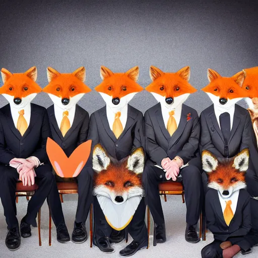 Image similar to photorealistic music album cover, with foxes animals dressed in suits, all looking at camera, studio lighting, award winning photograph, 8 5 mm f / 1. 4