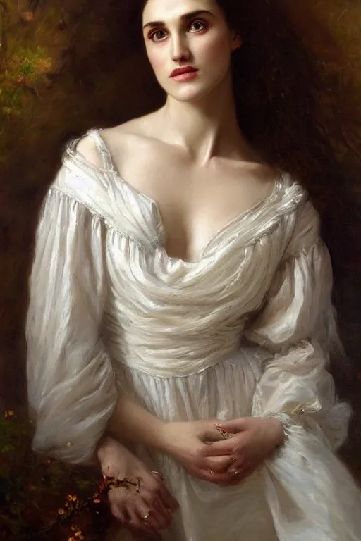 Prompt: portrait en buste of katie mcgrath by mark arian, by hughes merle, by pierre auguste cot, perfectly detailed eyes, oil on canvas, abundant detail, realism, bold mood