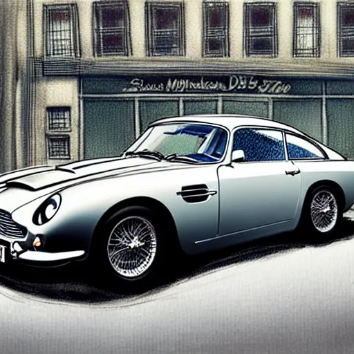 Prompt: a marker pen sketch of an aston martin db 5, in a rich london business district street, medium range, studio ghibli, ( pixar ) and disney animation, sharp, very detailed, bloom, high resolution, anime key art by greg rutkowski