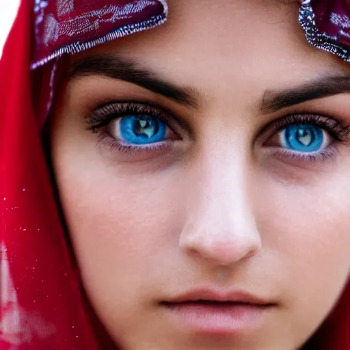 Image similar to young arab Monica Belluci, blue eyes, DSLR photography, closeup, focus