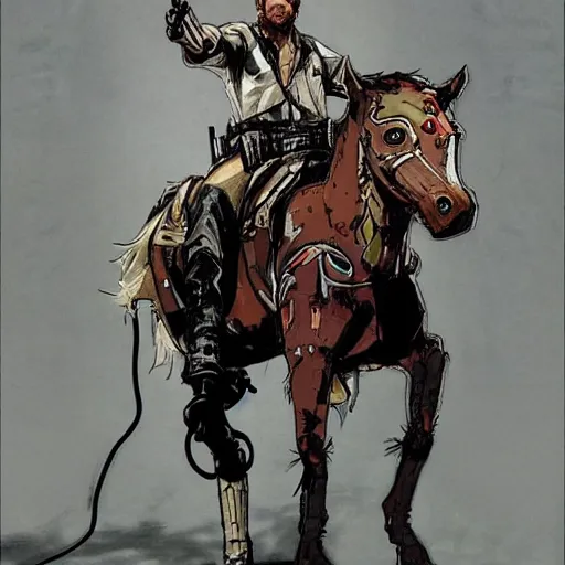 Image similar to a portrait of Arthur Morgan from Red Dead Redemption as a cyborg riding a cyborg horse, art by Yoji Shinkawa