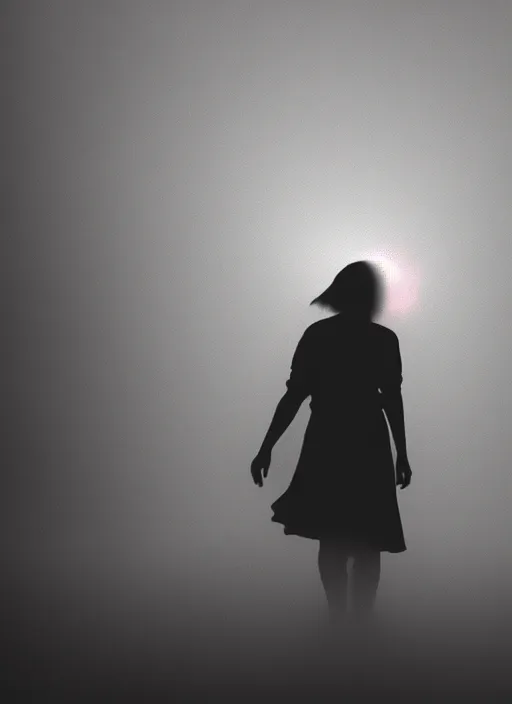 Image similar to a female silhouette walking, white glowing aura, out of body, fog, film grain, cinematic lighting, astral projection