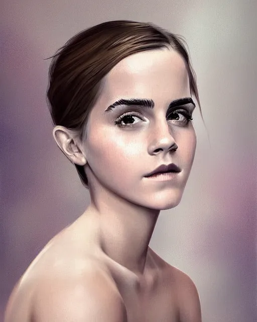 Prompt: detailed digital painting of a emma watson, half body portrait, by luang huahue, sharp details, soft brushstrokes, subsurface scattering, warm lighting