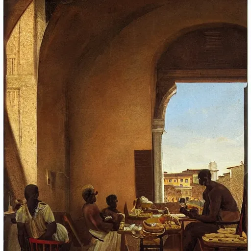 Image similar to a nubian eating breakfast, buildings in rome by martinus rørbye