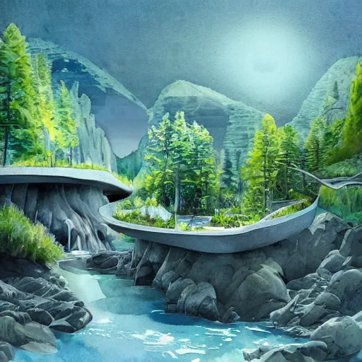 Image similar to beautiful happy picturesque charming sci - fi modular organic pod - like homes of the future in a beautiful natural scene. water, trees and rocks. beautiful light. soft colour scheme. beautiful artistic detailed watercolor by lurid. ( 2 0 2 2 )