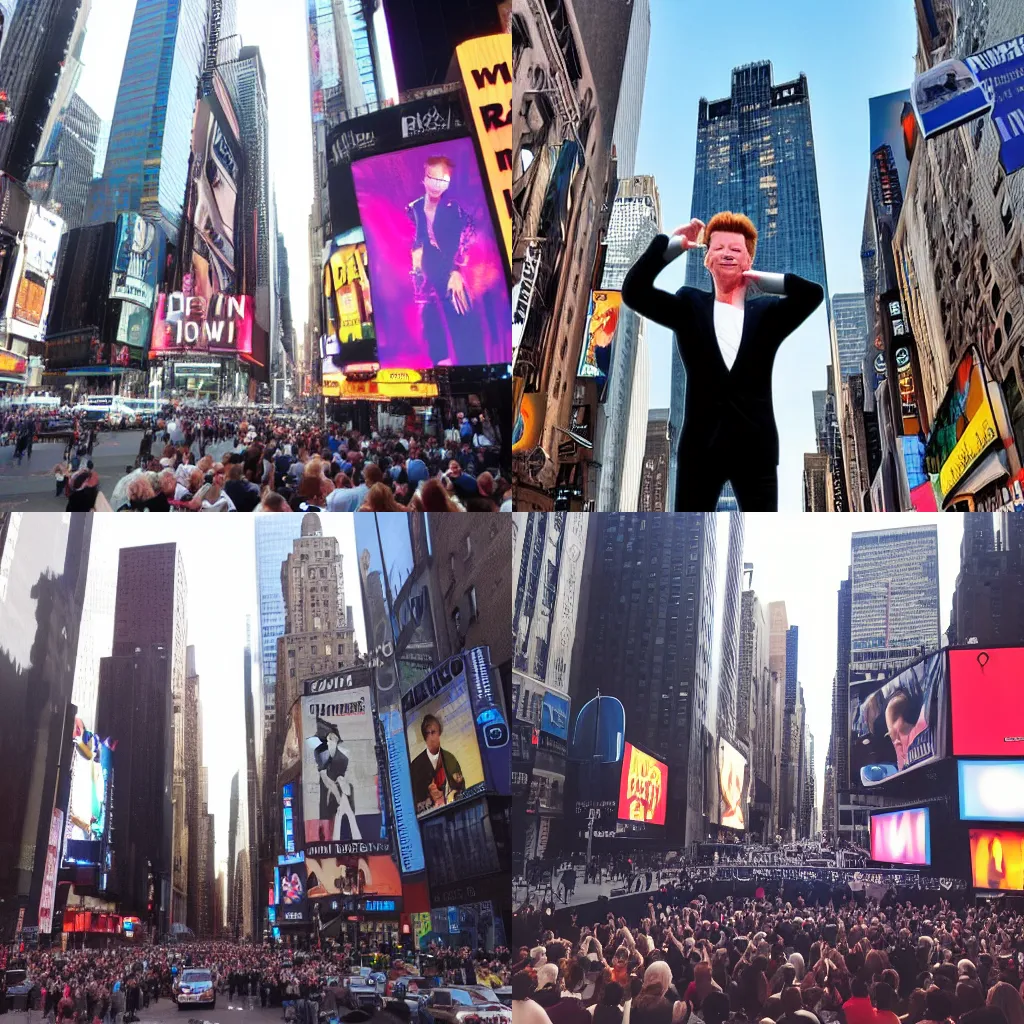 Prompt: Rick Astley dance is showing on all the screens of new york city, view from below