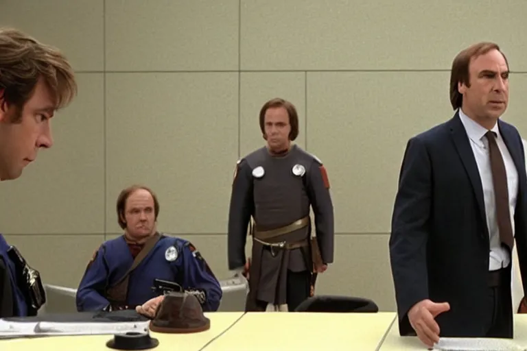 Image similar to saul goodman defends anakin skywalker wearing prisoner's uniform in court, court images, 1 0 8 0 p, court archive images