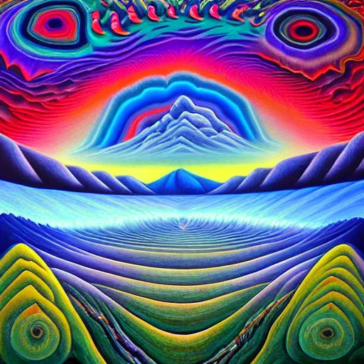 Prompt: a painting of a mountain landscape with a sky background, a detailed painting by alex grey, deviantart, psychedelic art, fractalism, psychedelic, sense of awe
