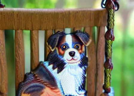 Image similar to Steampunk victorian house, tri-color miniature Australian shepherd dog, blue flower field, over grown oak tree, spanish moss, rusted porch swing, micro details, super realistic,