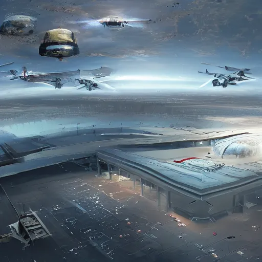 Prompt: view from above large sci-fi airport on the coronation of napoleon painting and digital space stars billboard in the middle, unreal engine 5, keyshot, octane, artstation trending, ultra high detail, ultra realistic, cinematic, 8k, 16k, in style of zaha hadid, in style of nanospace Michael Menzelincev, in style of Lee SOUDER, in style of photogrammetry cloud, in style of Piotr Jabłoński, in plastic, dark, tilt shift,