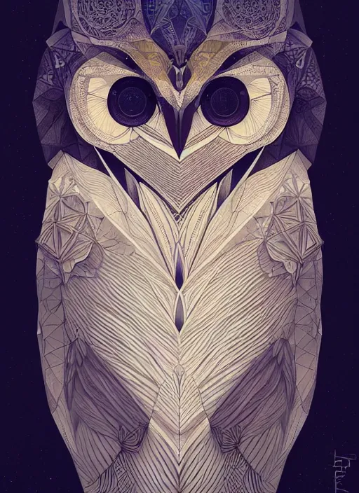 Image similar to portrait of a geometric owl, identical eyes, medium shot, illustration, full body made of white feathers, symmetrical, art stand, super detailed, cinematic lighting, and its detailed and intricate, gorgeous, by peter mohrbacher