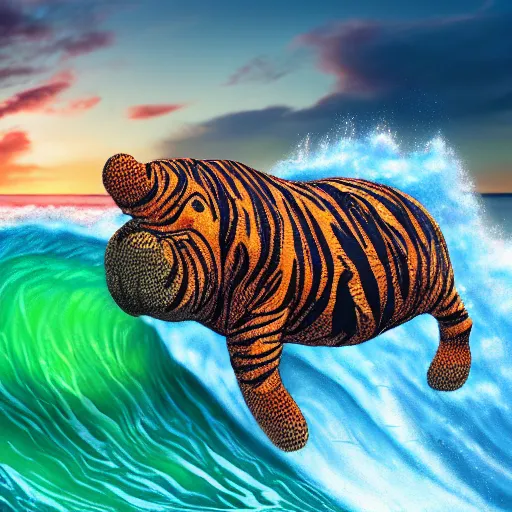 Prompt: a closeup photorealistic photograph of an energetic knitted tiger hippopotamus riding a large wave during sunset. surf in the background. professional capture. brightly lit scene. this 4 k hd image is trending on artstation, featured on behance, well - rendered, extra crisp, features intricate detail, epic composition and the style of unreal engine.